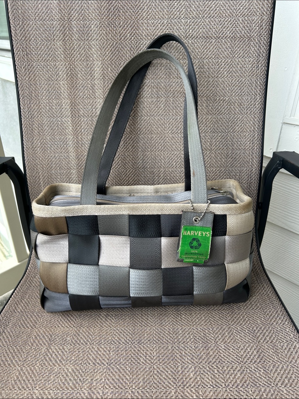 Harveys Woven Seatbelt Tote in Metallic Neutral colors.